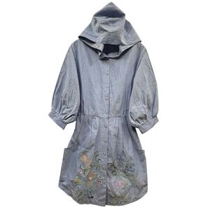 Eloise Women's Retro Chambray Hooded Tunic Top Mini Dress Embroidered Peacock